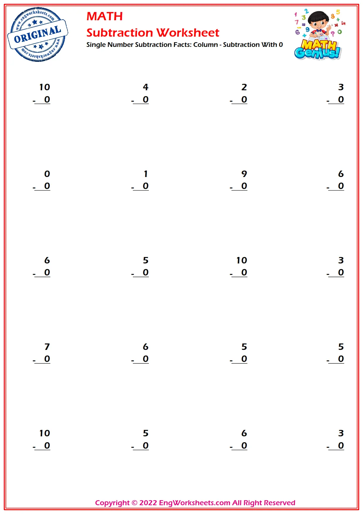 Single Number Subtraction Facts - Horizontal