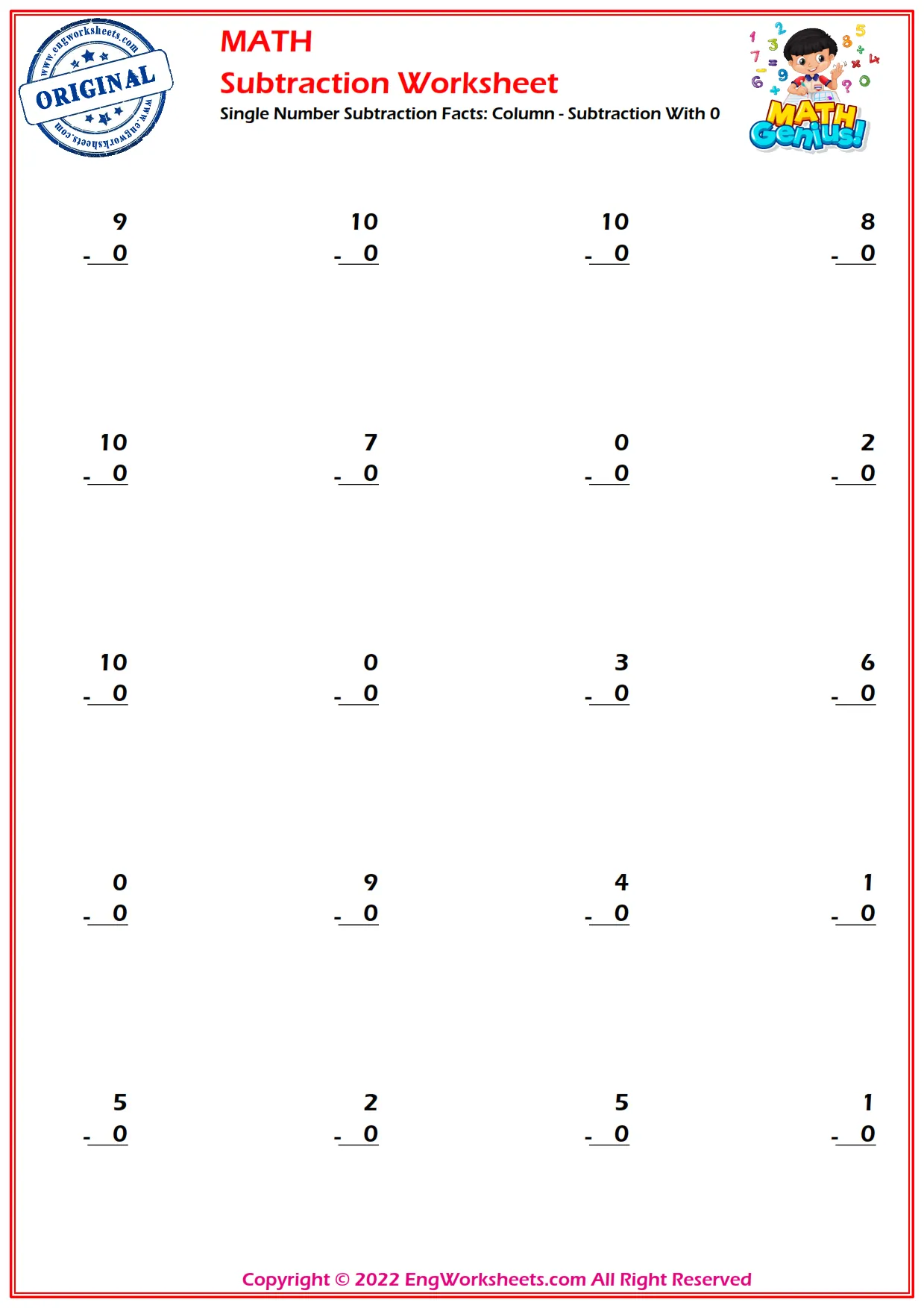 Mixed Subtraction Facts - Horizontal
