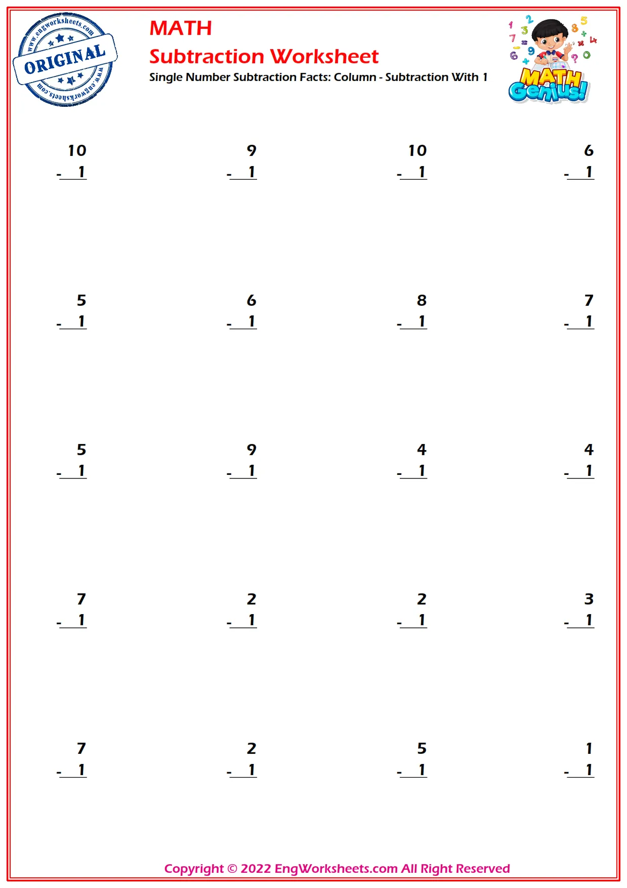 Single Number Subtraction Facts: Column - Subtraction With 1