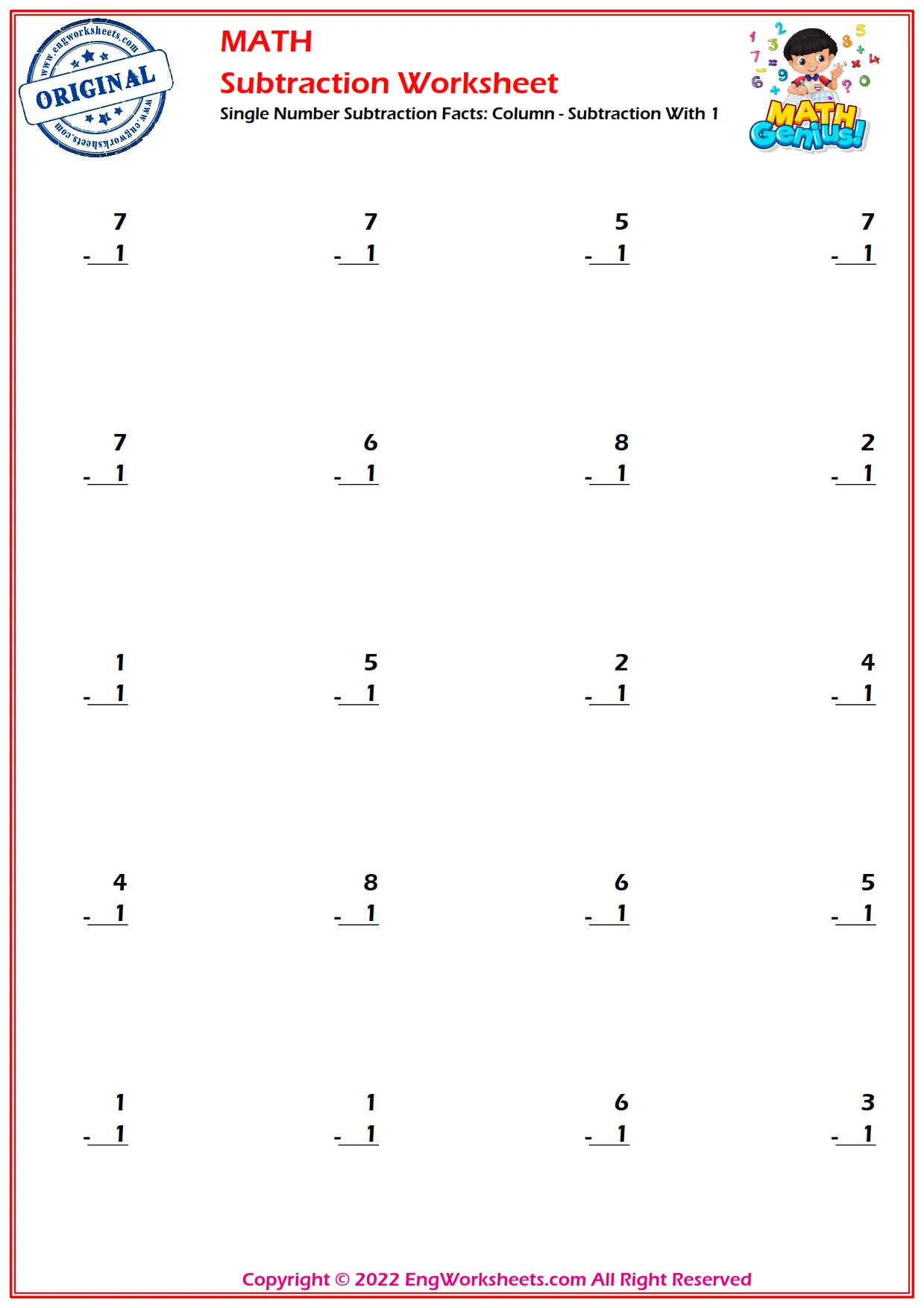 Single Number Subtraction Facts: Column - Subtraction With 1