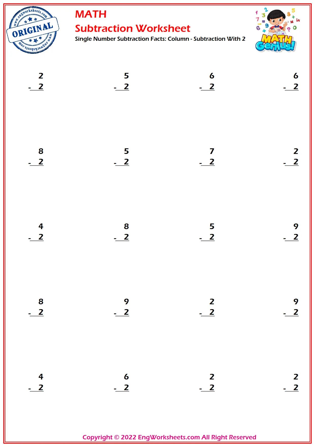 Single Number Subtraction Facts: Column - Subtraction With 2