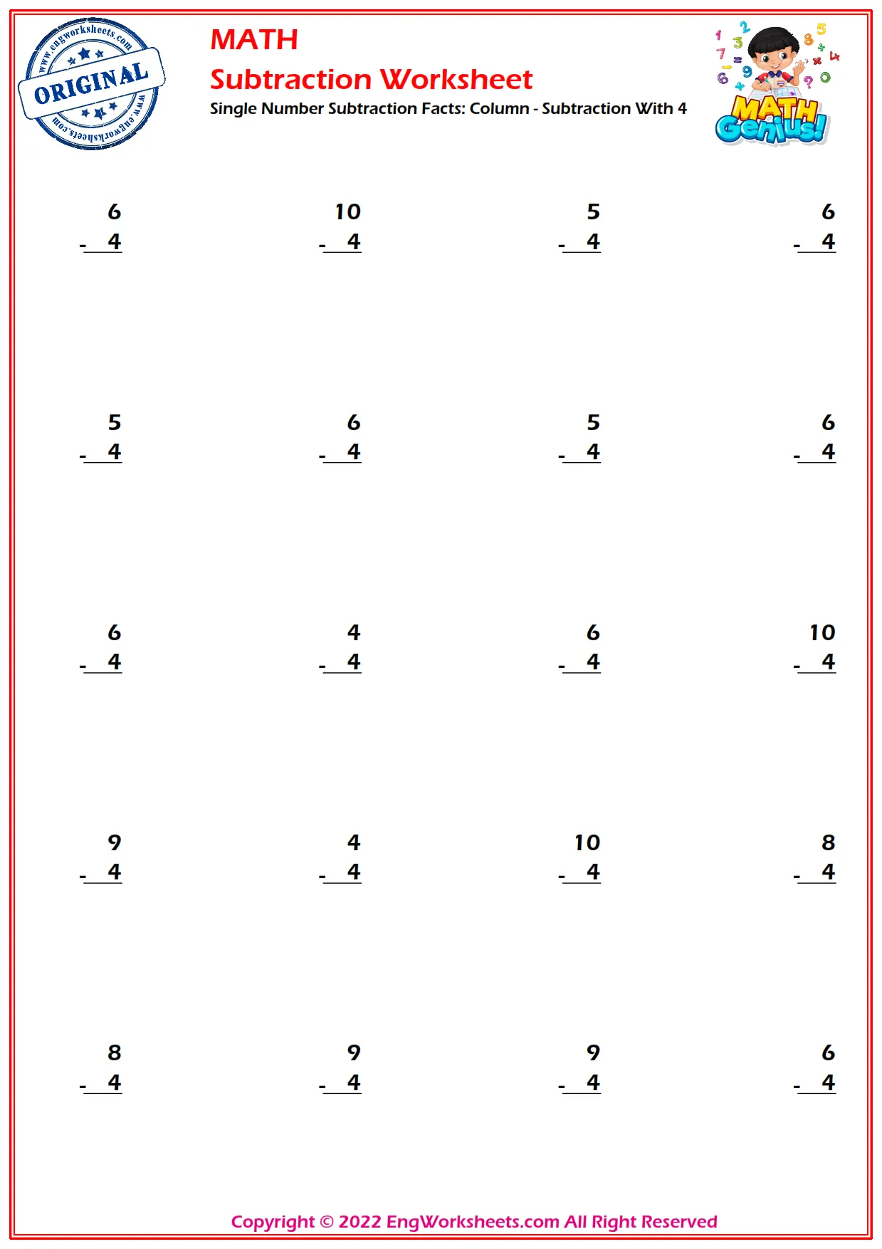 Single Number Subtraction Facts: Column - Subtraction With 4