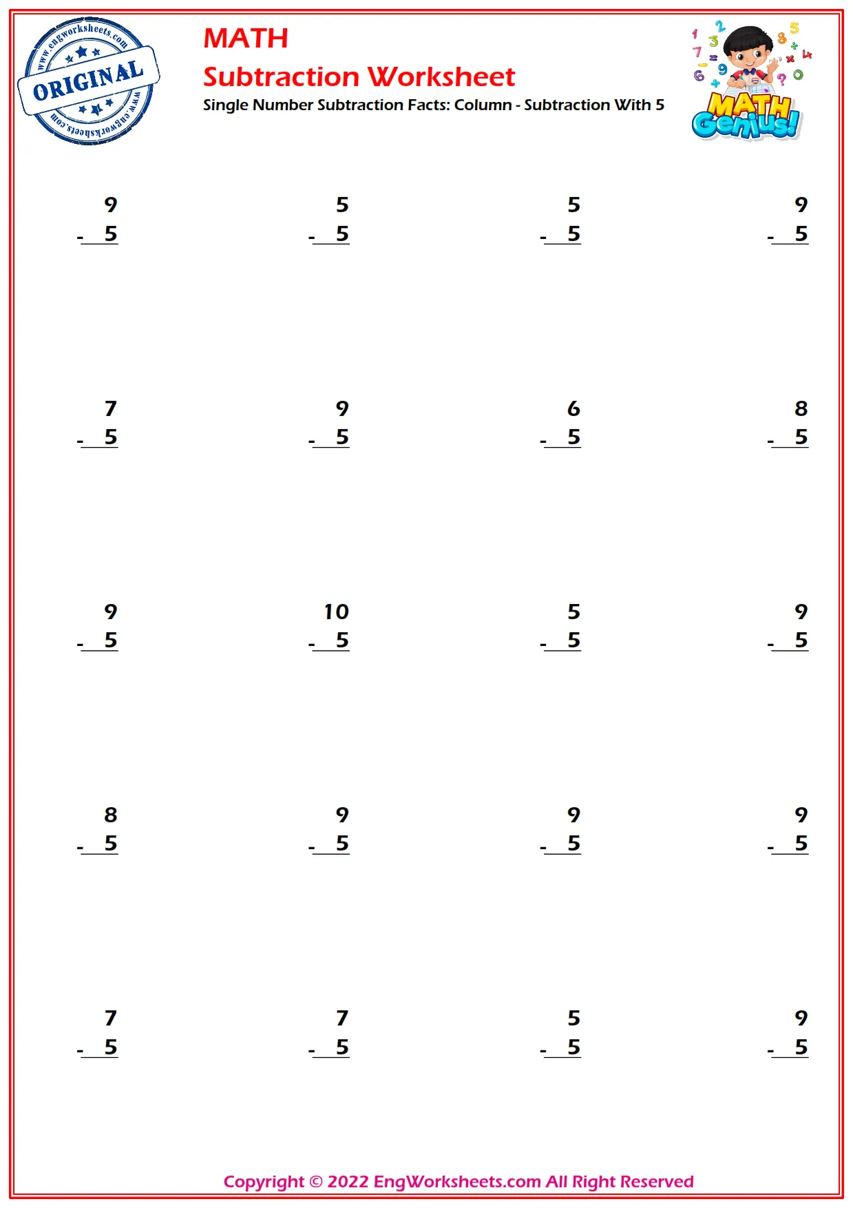 Single Number Subtraction Facts: Column - Subtraction With 5