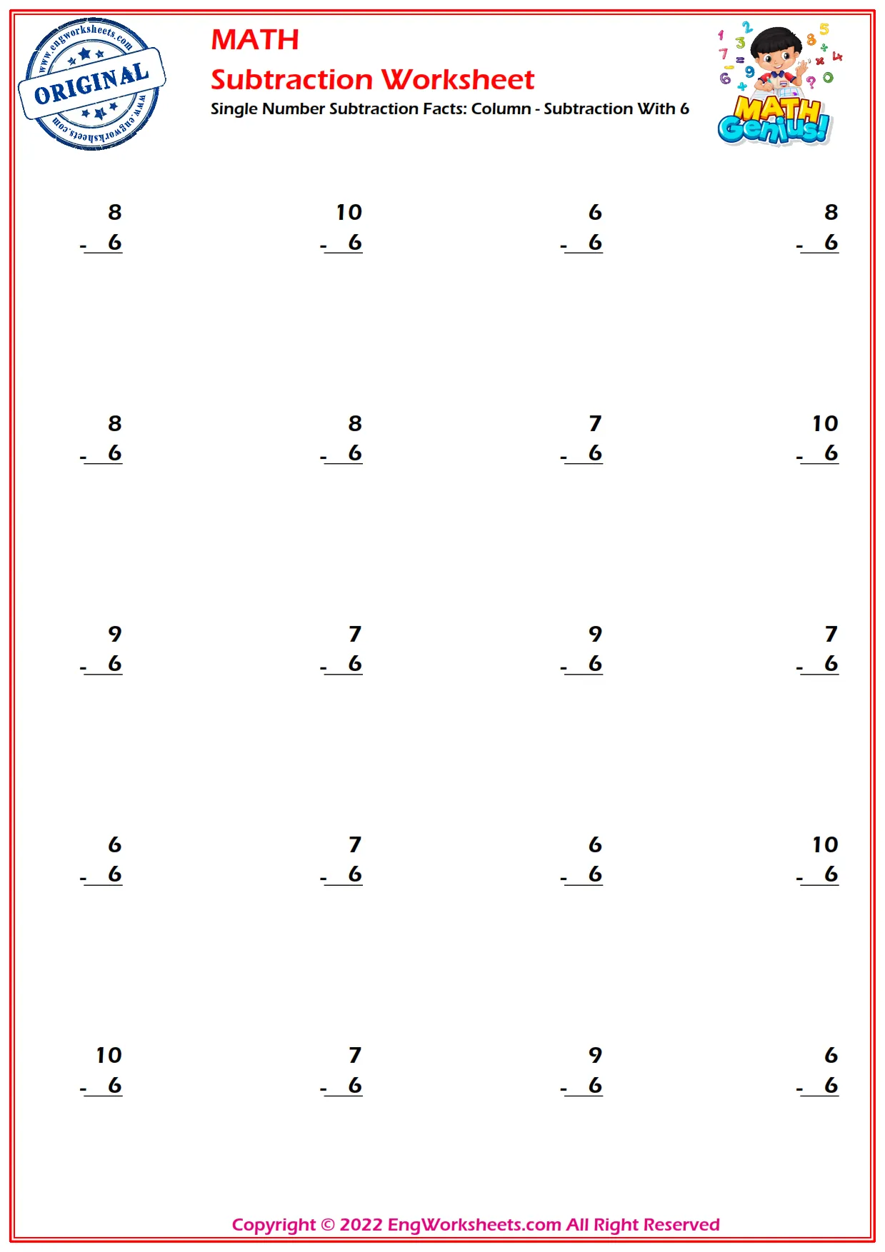 Single Number Subtraction Facts: Column - Subtraction With 6