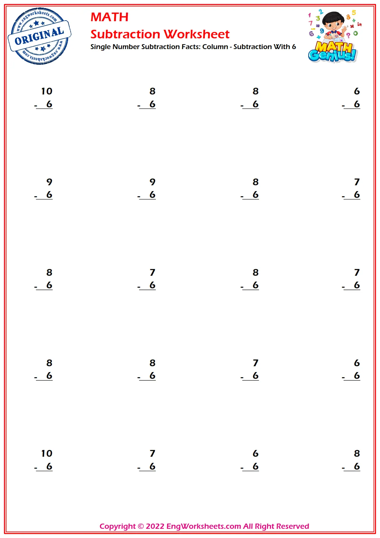 Single Number Subtraction Facts: Column - Subtraction With 6