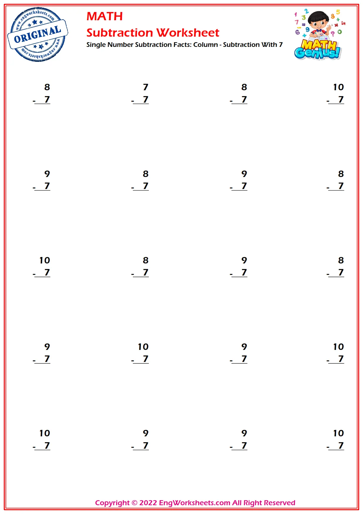Single Number Subtraction Facts: Column - Subtraction With 7