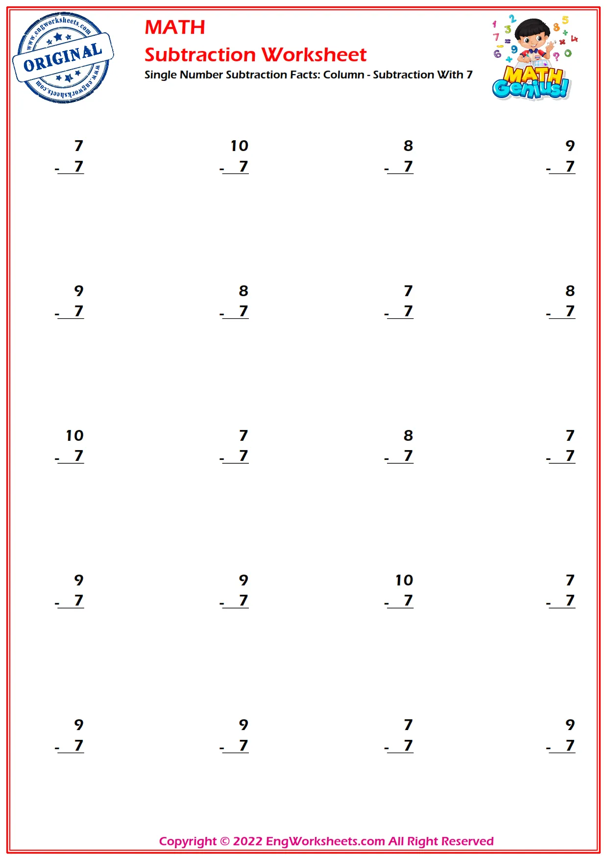 Single Number Subtraction Facts: Column - Subtraction With 7
