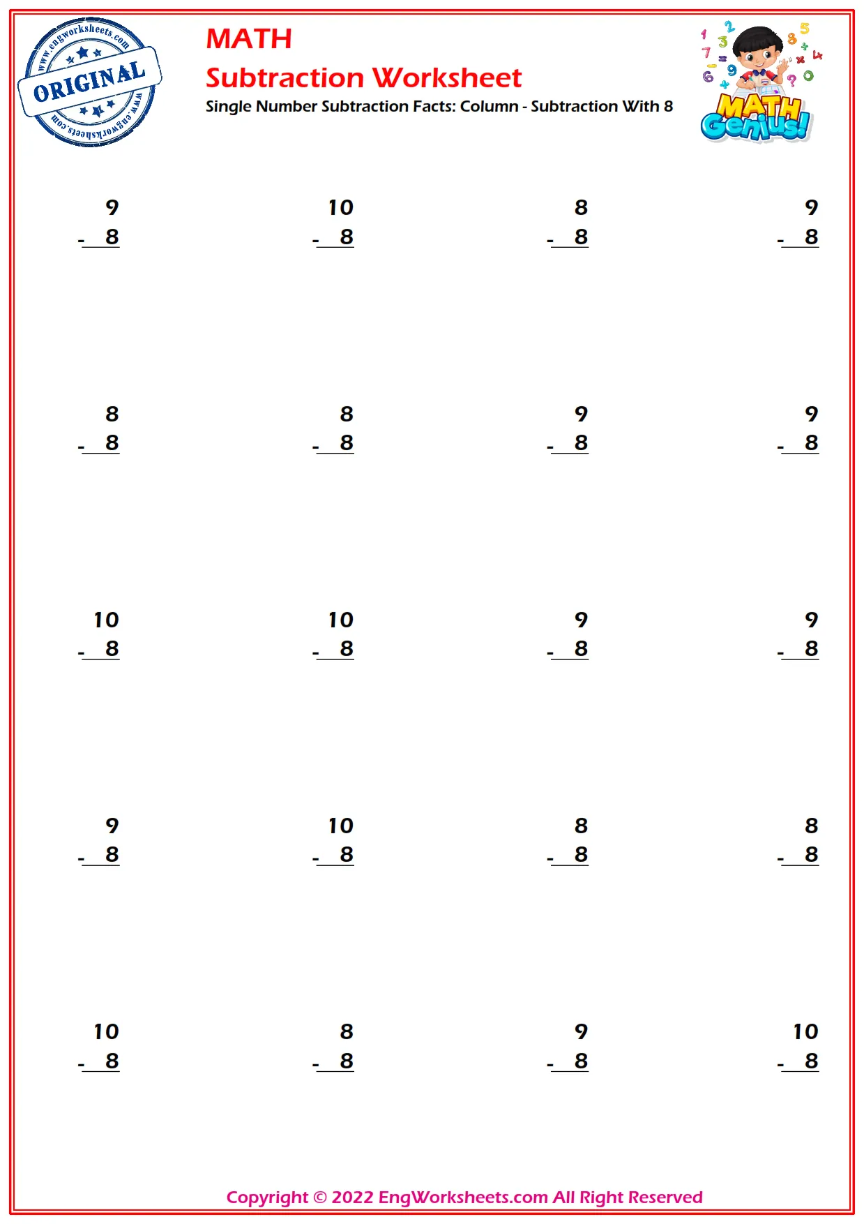 Single Number Subtraction Facts: Column - Subtraction With 8