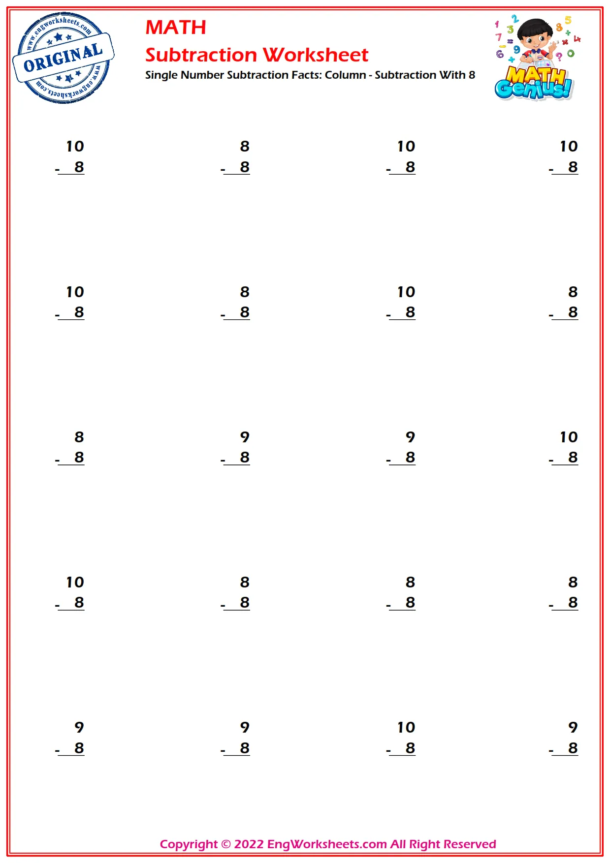 Single Number Subtraction Facts: Column - Subtraction With 8