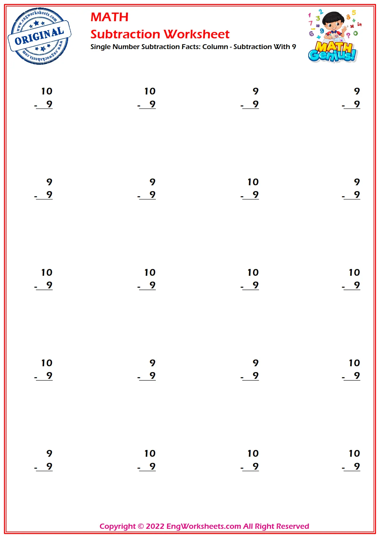 Single Number Subtraction Facts: Column - Subtraction With 9