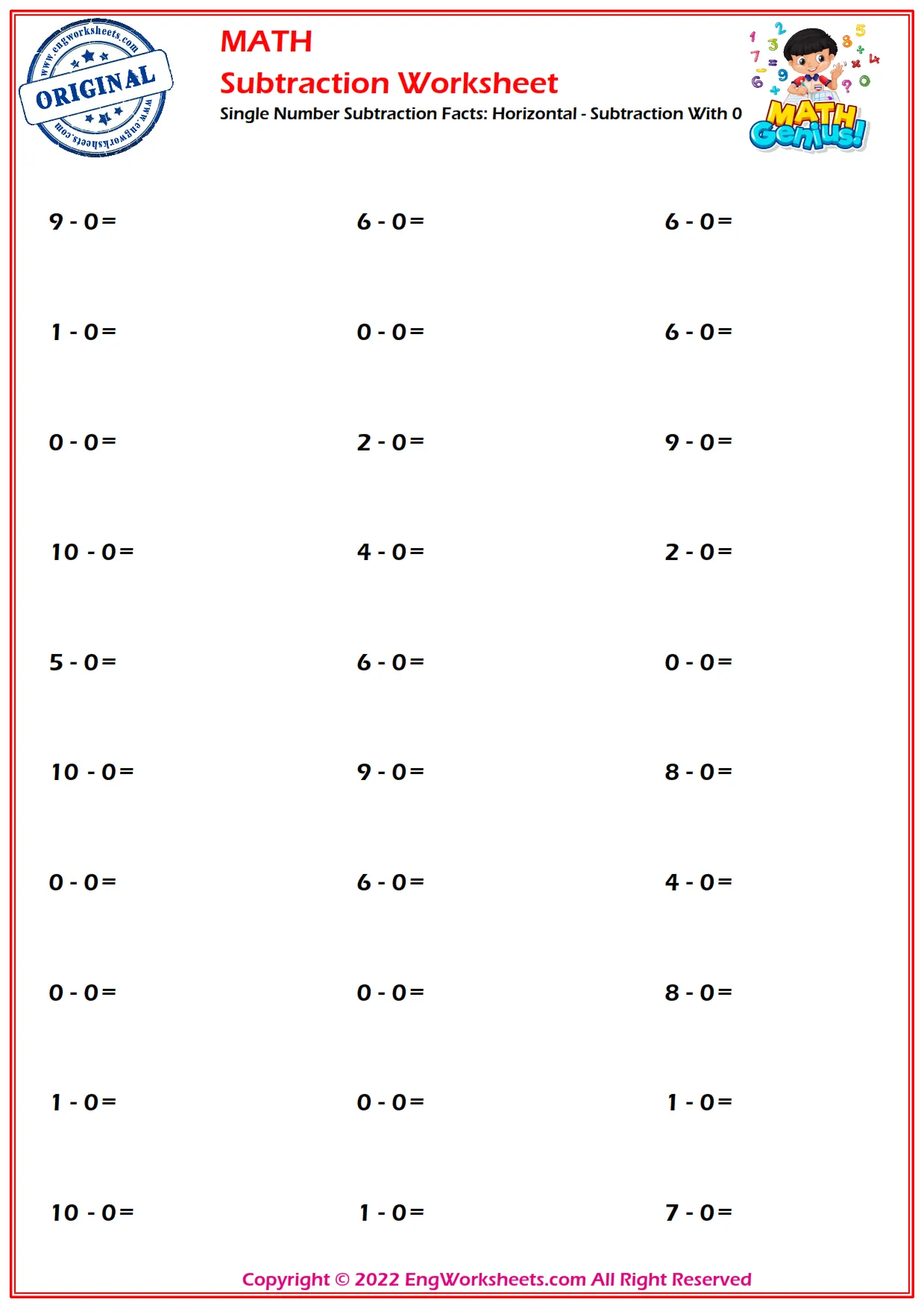 Single Number Subtraction Facts: Horizontal - Subtraction With 0