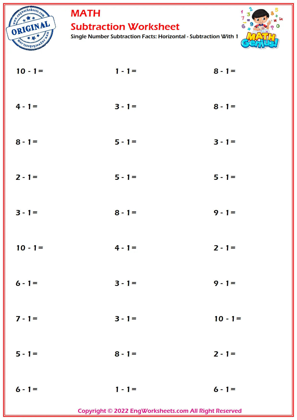 Single Number Subtraction Facts: Horizontal - Subtraction With 1