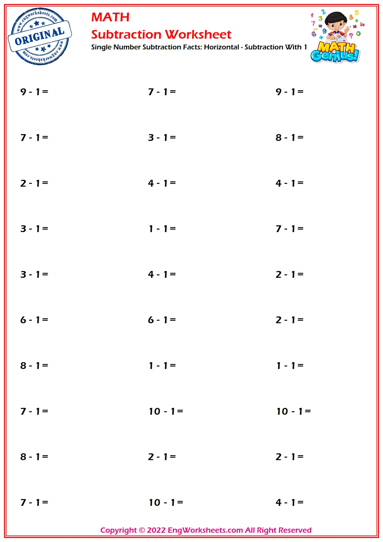 Single Number Subtraction Facts: Horizontal - Subtraction With 1