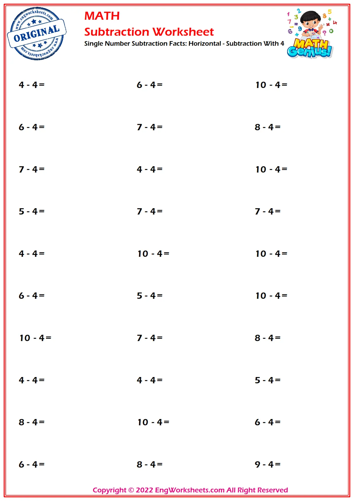 Single Number Subtraction Facts: Horizontal - Subtraction With 4