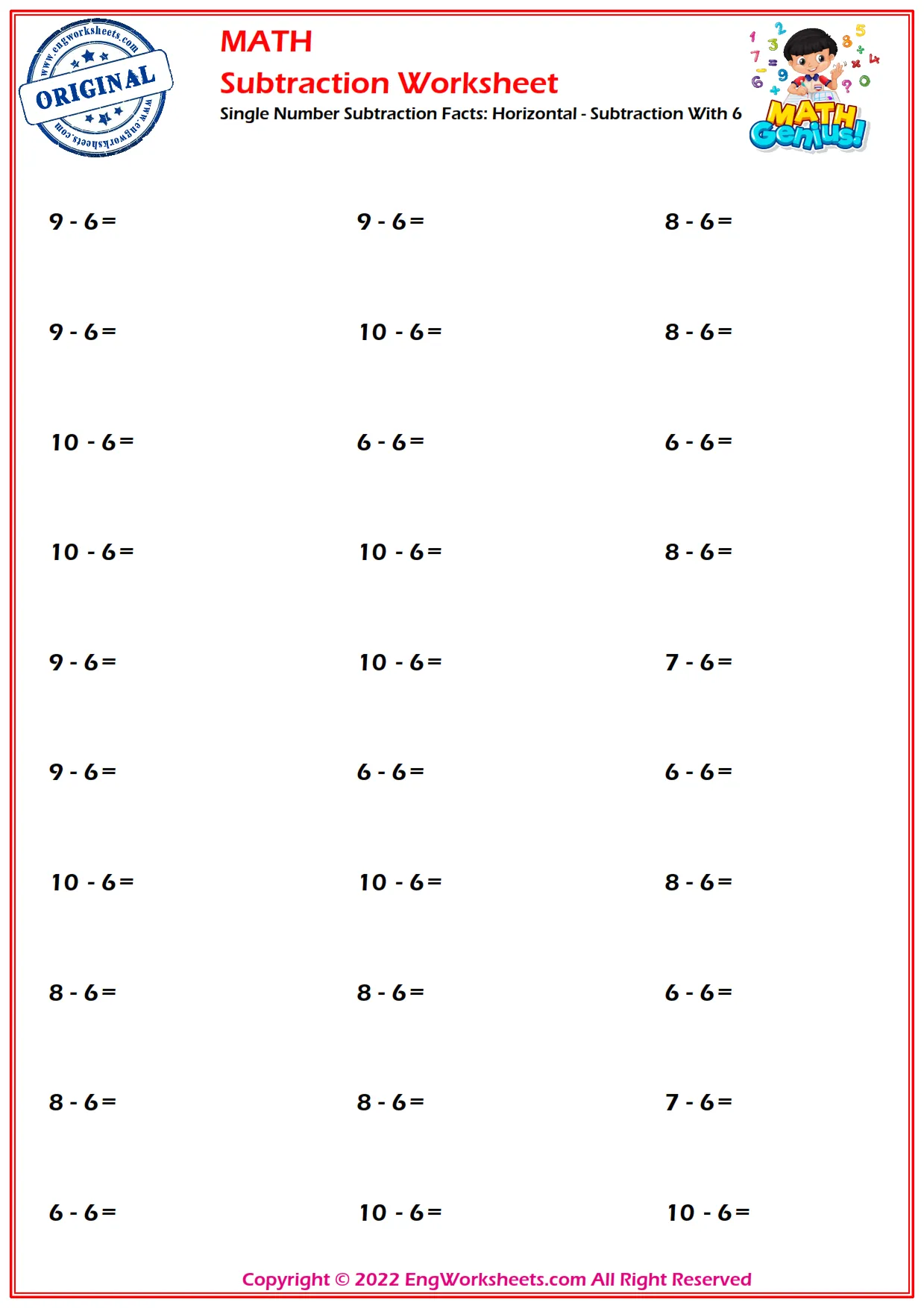 Single Number Subtraction Facts: Horizontal - Subtraction With 6