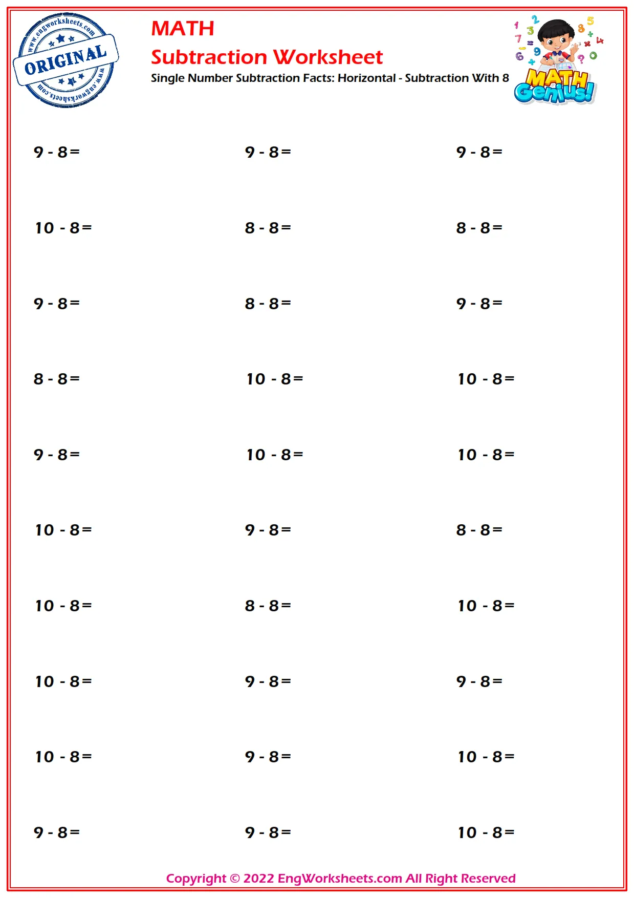 Single Number Subtraction Facts: Horizontal - Subtraction With 8