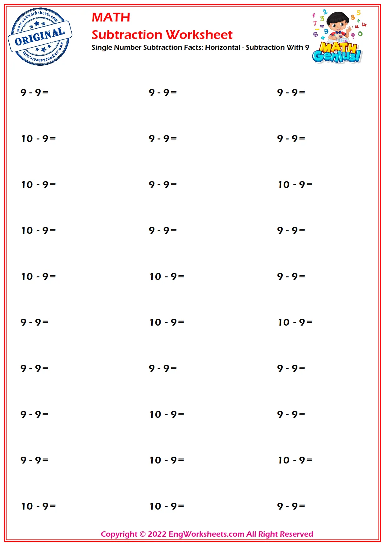 Single Number Subtraction Facts: Horizontal - Subtraction With 9