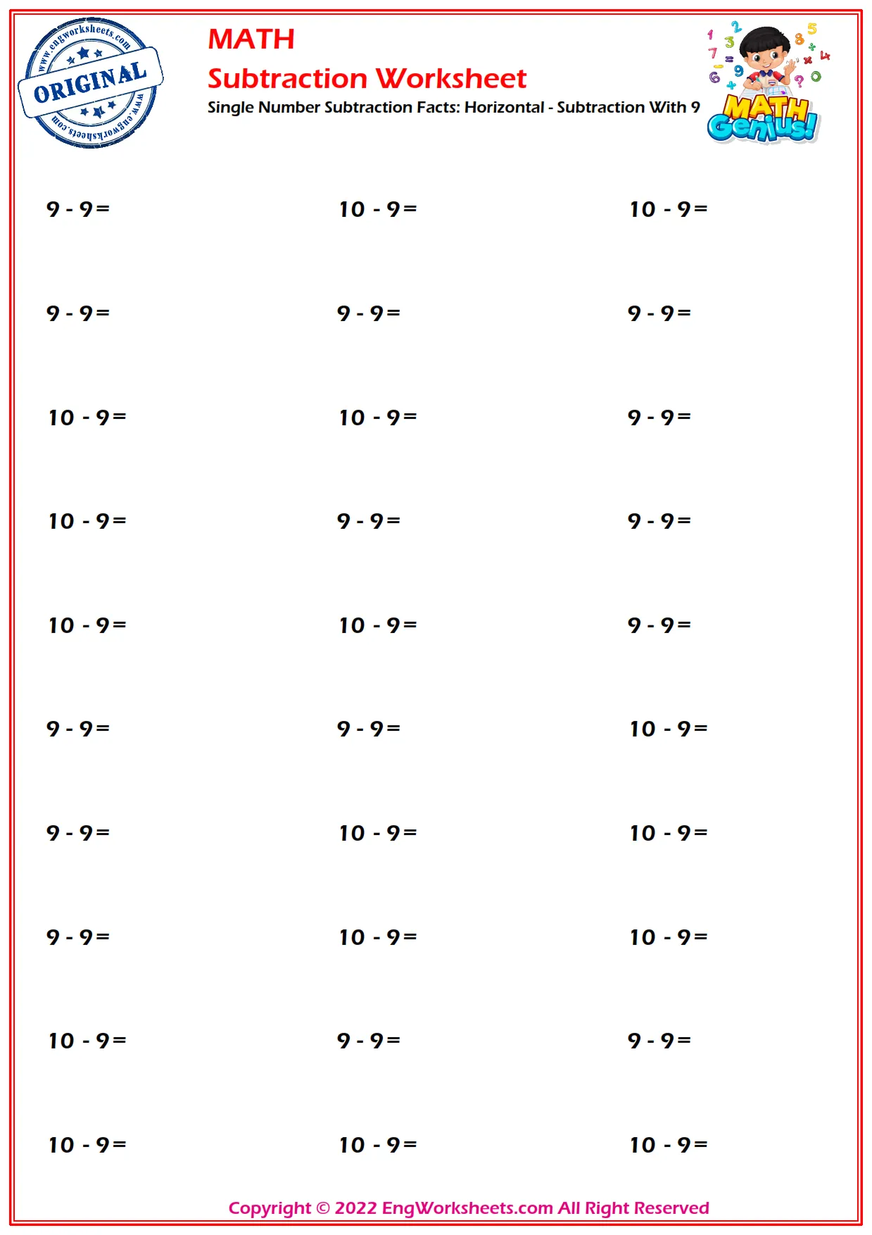 Single Number Subtraction Facts: Horizontal - Subtraction With 9
