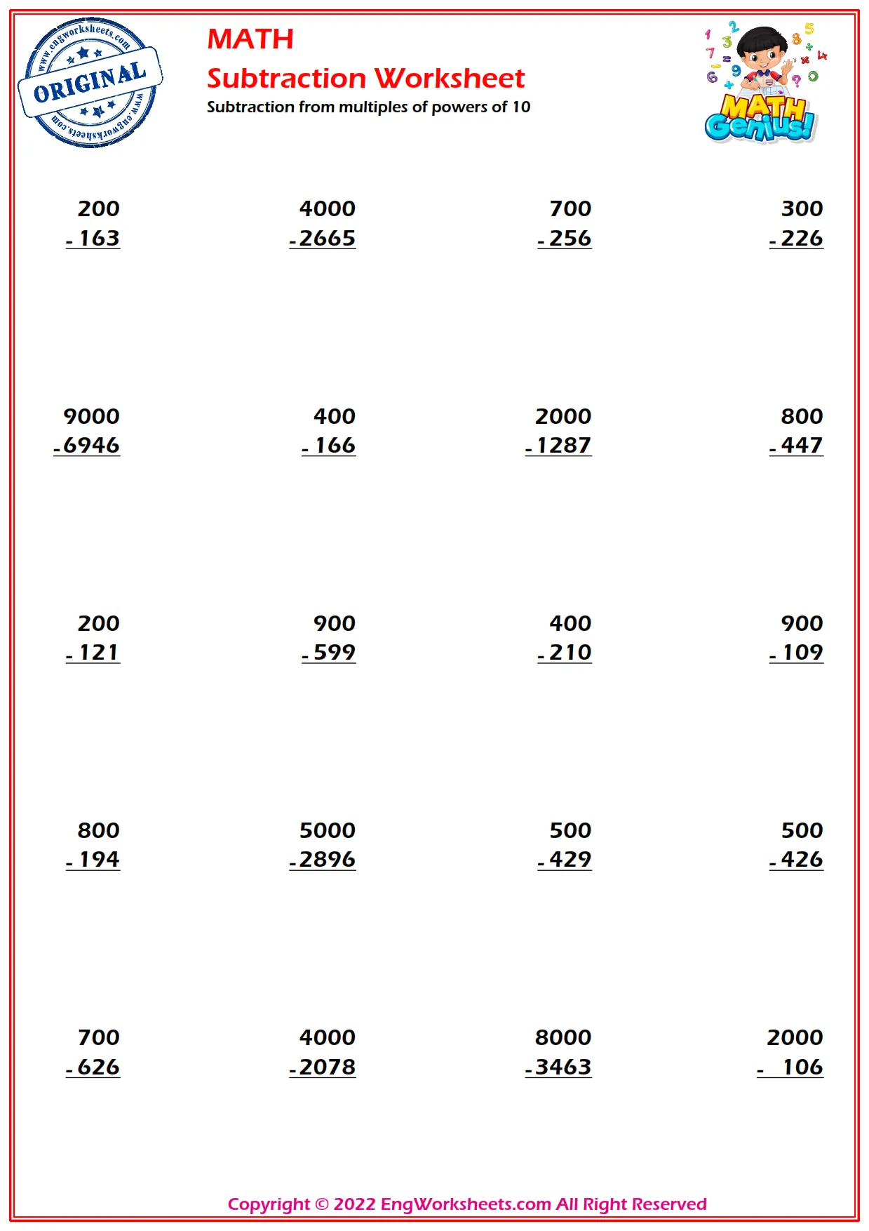 Subtraction from multiples of powers of 10