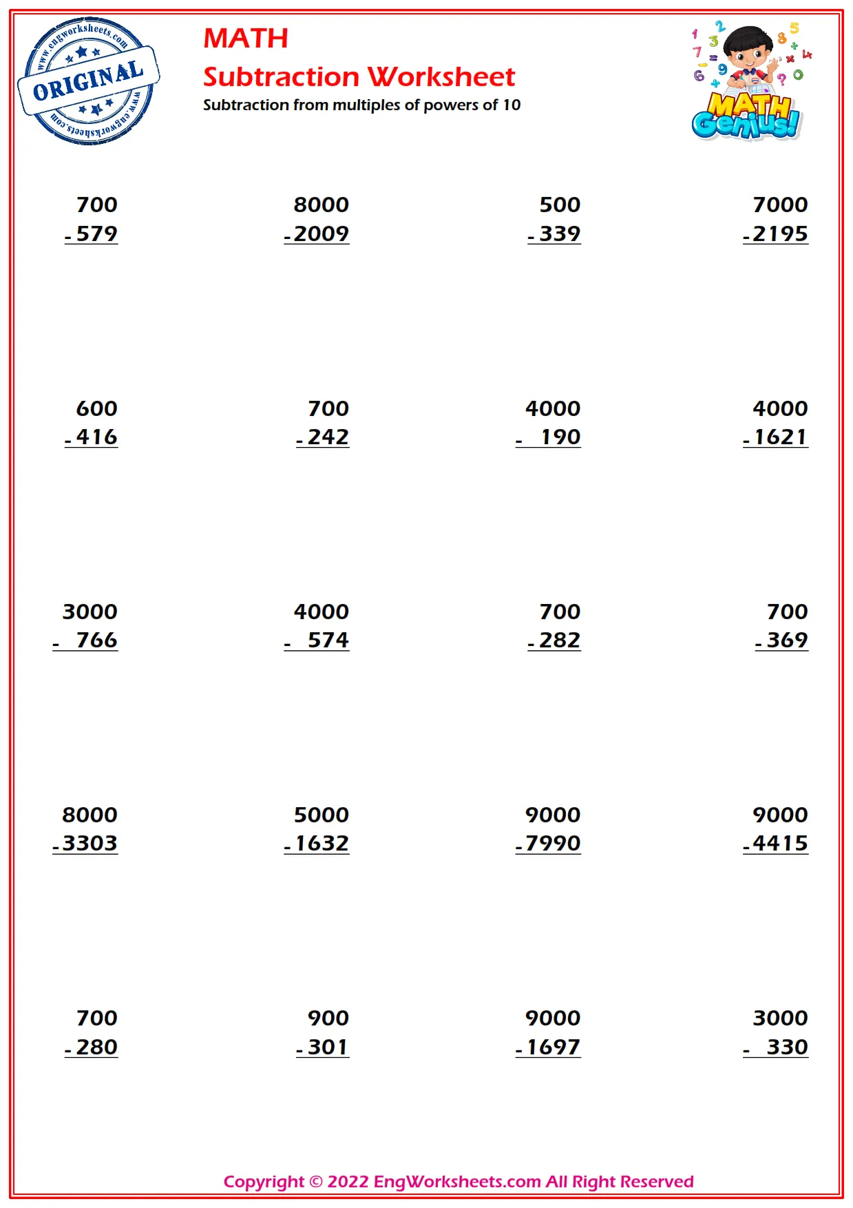 Subtraction from multiples of powers of 10