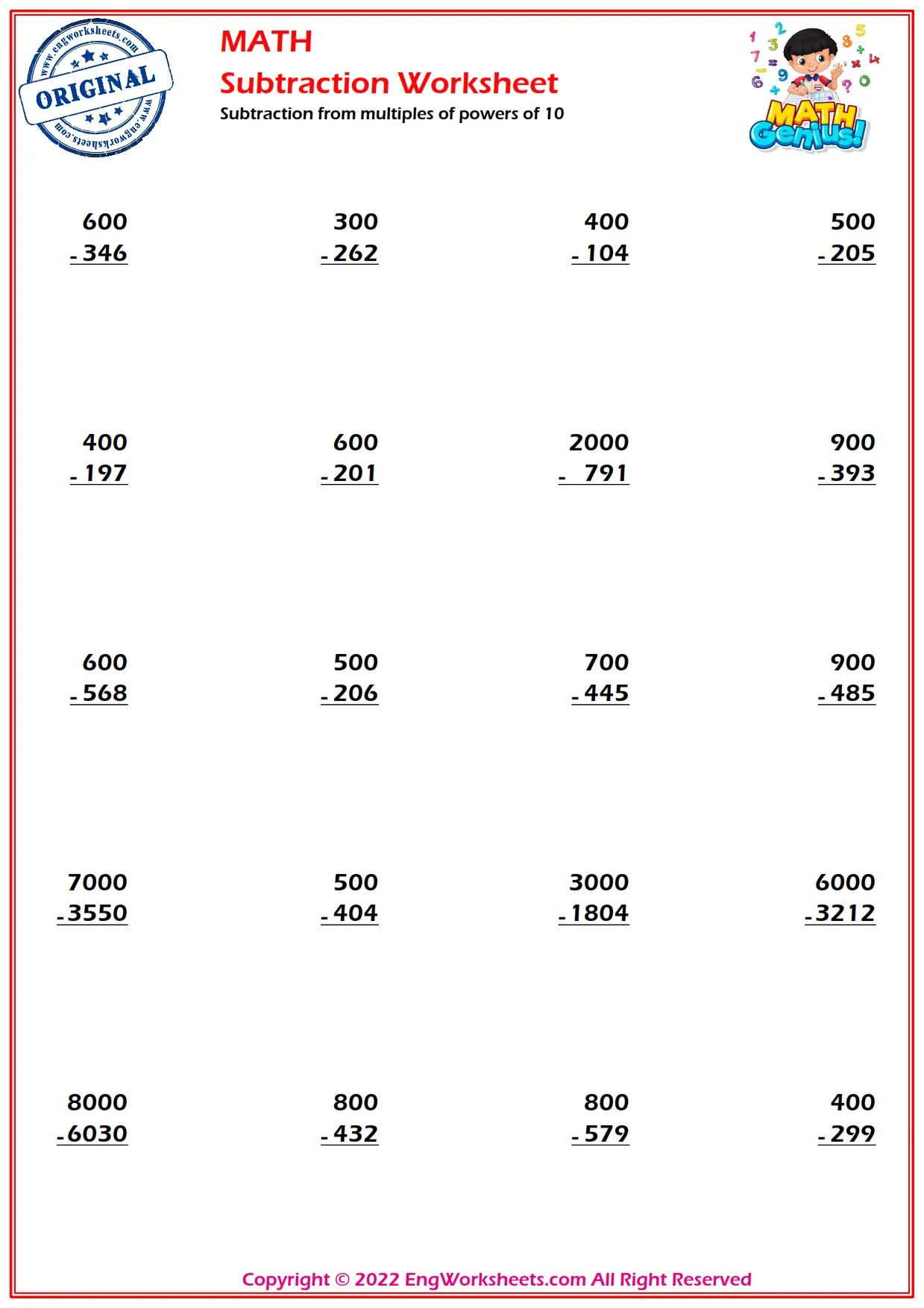 Subtraction from multiples of powers of 10