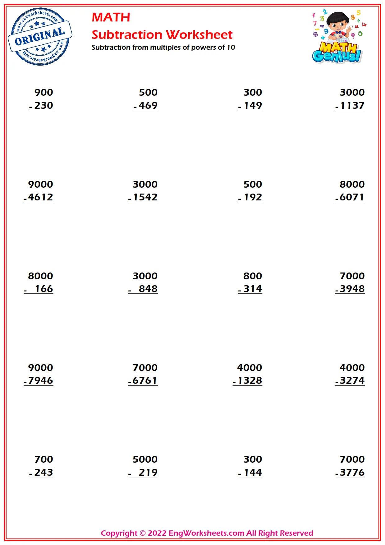 Subtraction from multiples of powers of 10