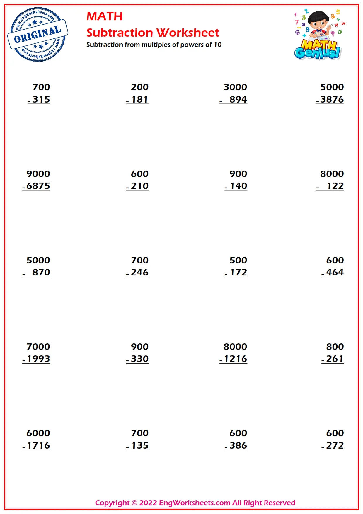 Subtraction from multiples of powers of 10