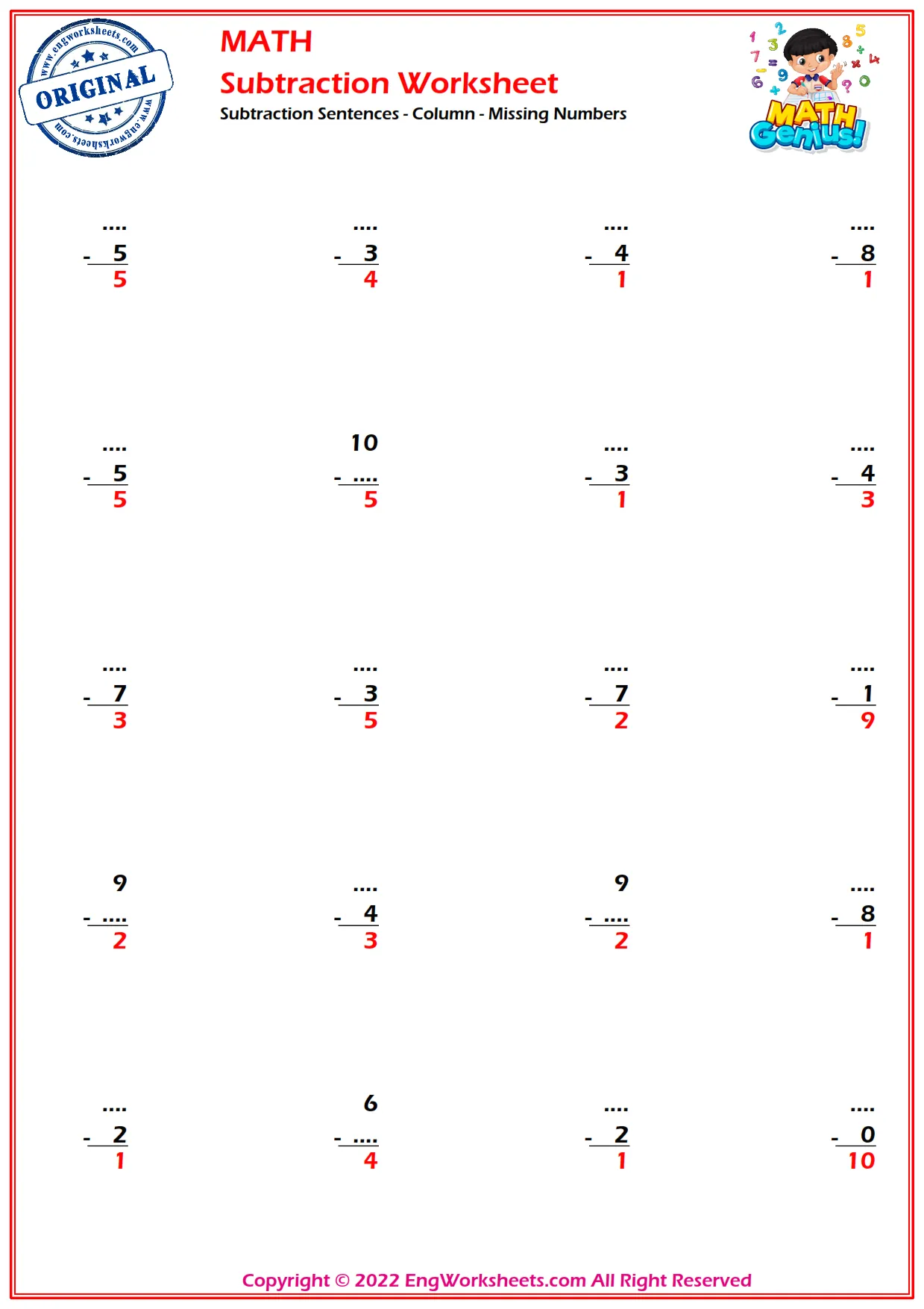 Subtraction Sentences - Column - Missing Numbers