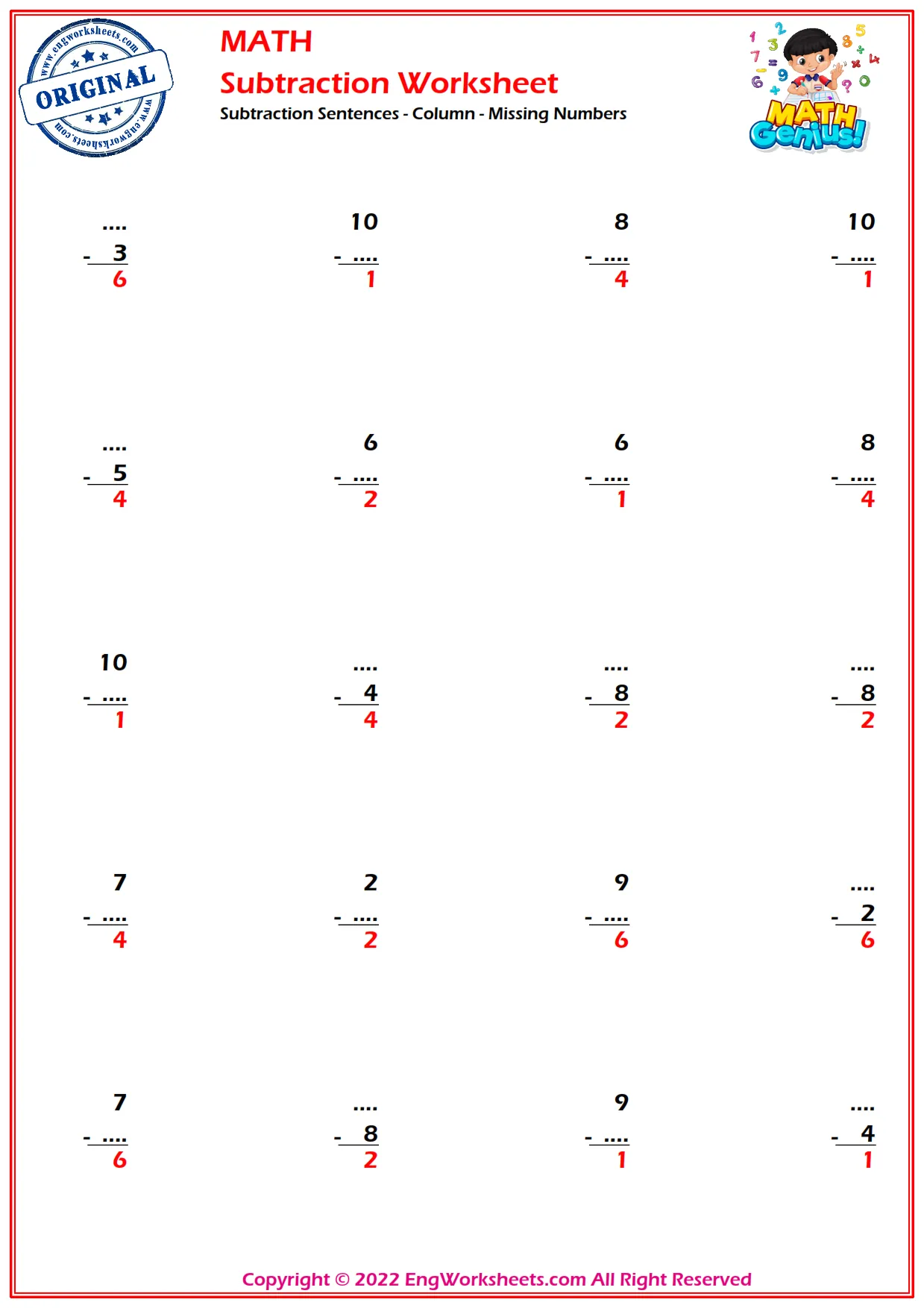 Subtraction Sentences - Column - Missing Numbers