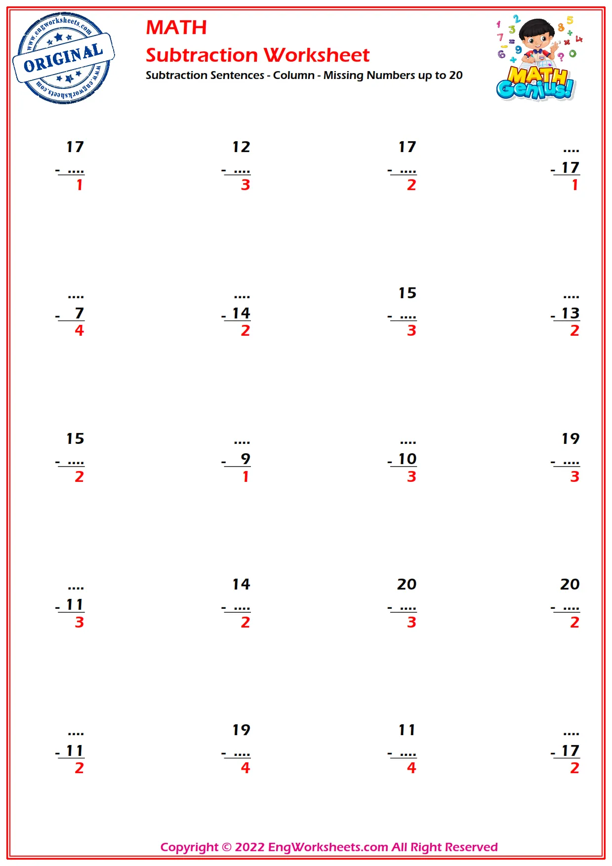 Subtraction Sentences - Column - Missing Numbers up to 20