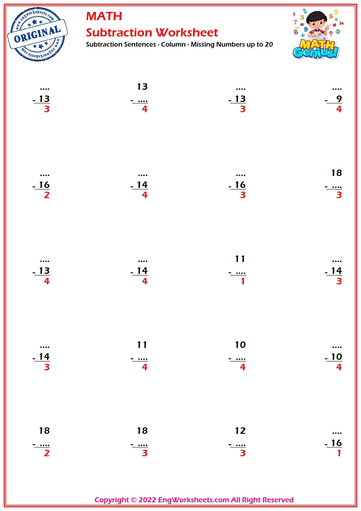 Subtraction Sentences - Column - Missing Numbers up to 20