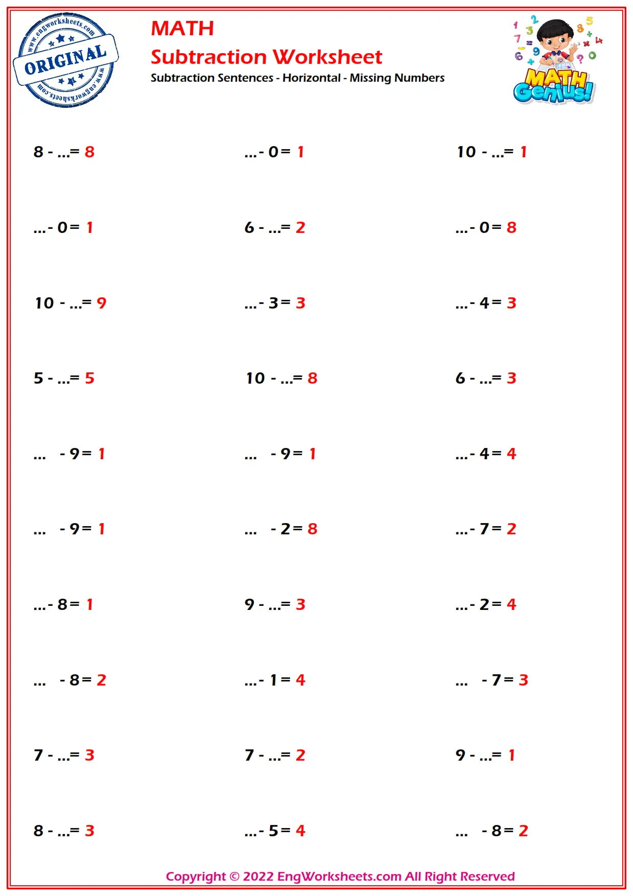 Subtraction Sentences - Horizontal - Missing Numbers
