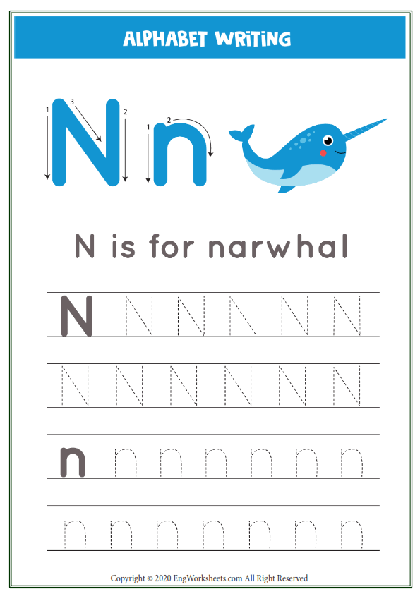 Letter N Alphabet Tracing Worksheet With Animal Illustration - PDF  Worksheets - 66 - EngWorksheets