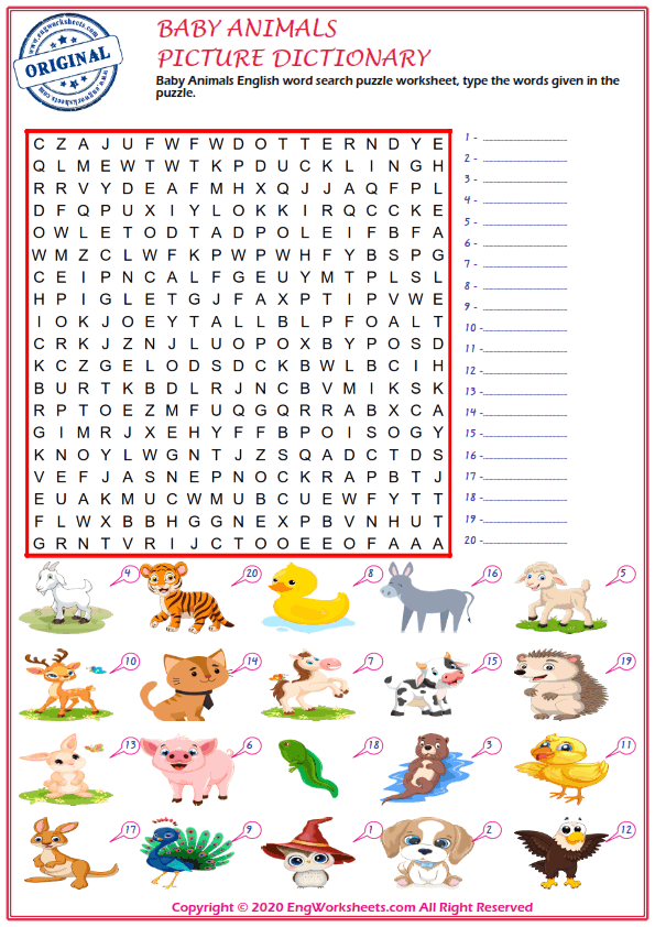 Baby Animals ESL Printable Picture Dictionary Worksheet For Kids - PDF  Worksheets - EngWorksheets