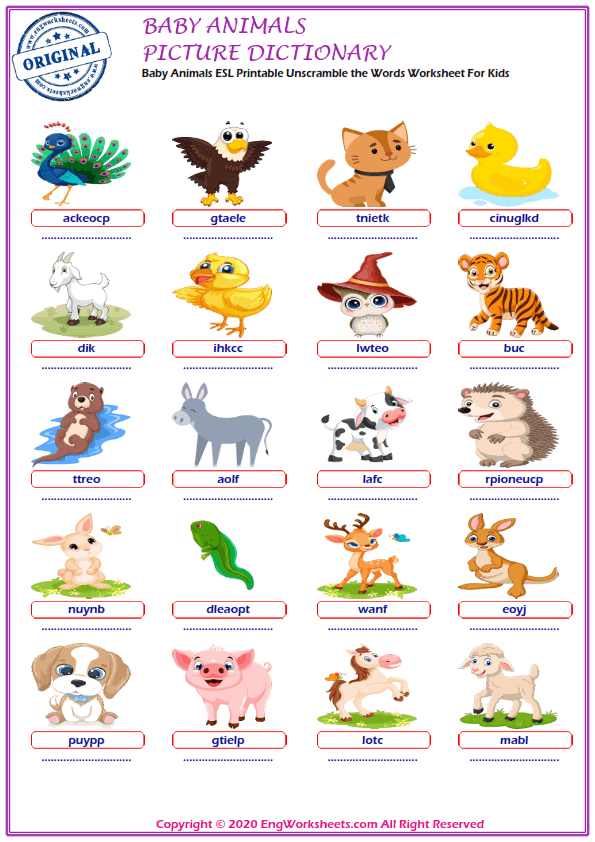 Baby Animals ESL Printable Picture Dictionary Worksheet For Kids - Image  Worksheets - EngWorksheets
