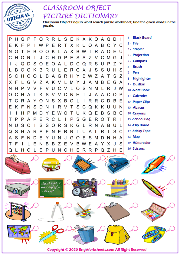 Joseph Banks form Thought Classroom Objects Printable English ESL Vocabulary Worksheets - 1 -  EngWorksheets
