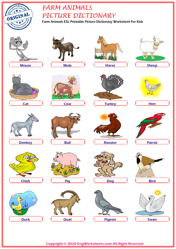 Farm Animals Printable English ESL Vocabulary Worksheets - EngWorksheets