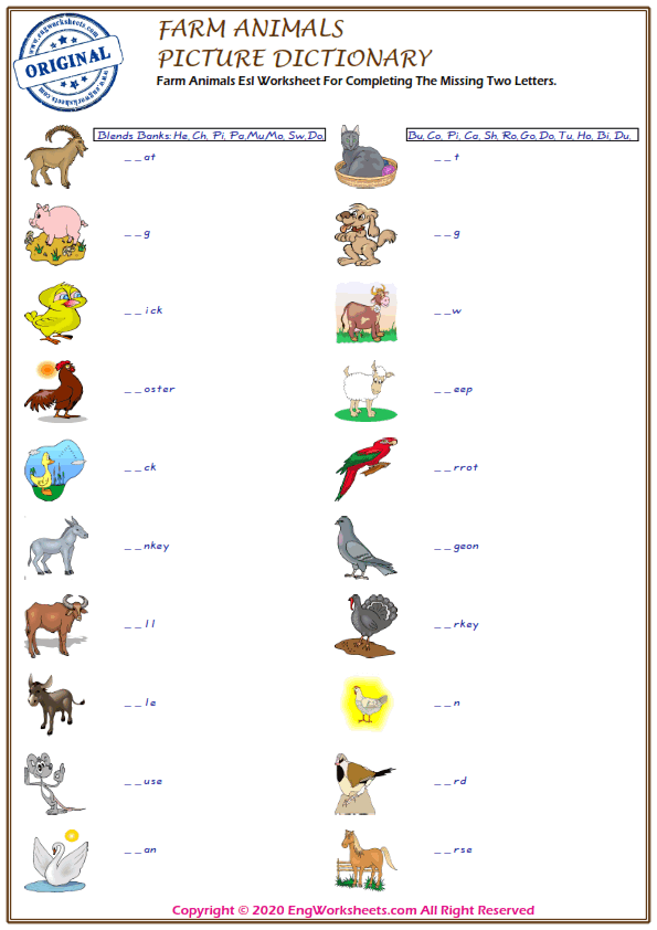 Farm Animals ESL Printable Picture Dictionary Worksheet For Kids - Image  Worksheets - EngWorksheets