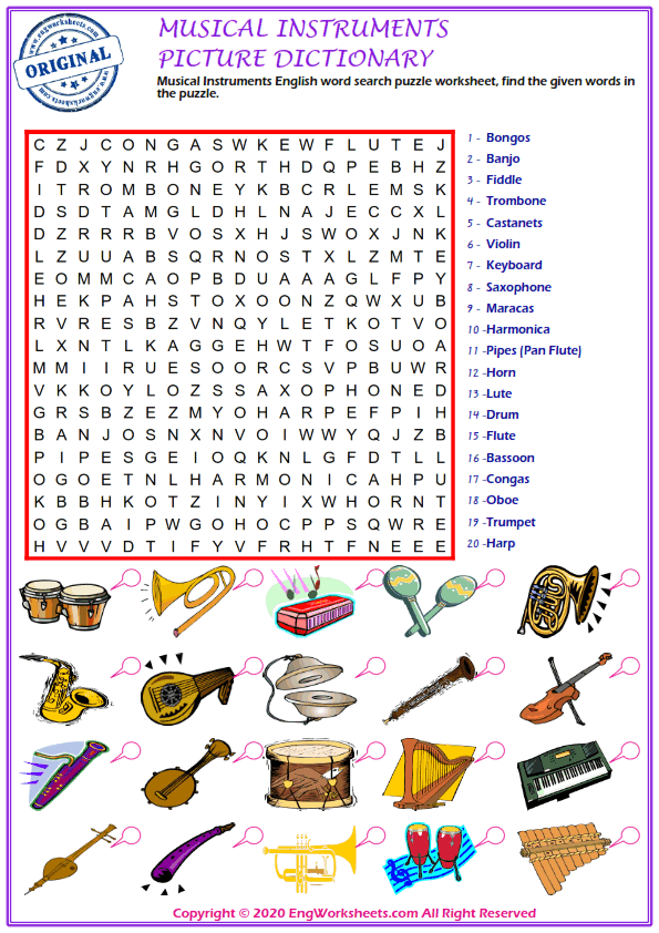 actualizar Generalizar Sillón Musical Instruments ESL Printable Picture Dictionary Worksheet For Kids -  Image Worksheets - 1 - EngWorksheets