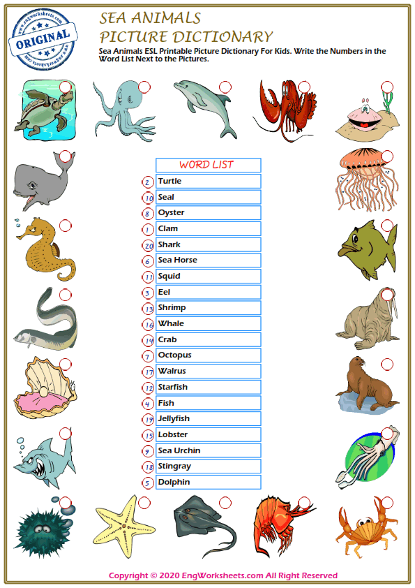 Sea Animals ESL Printable Picture Dictionary Worksheet For Kids - PDF  Worksheets - EngWorksheets