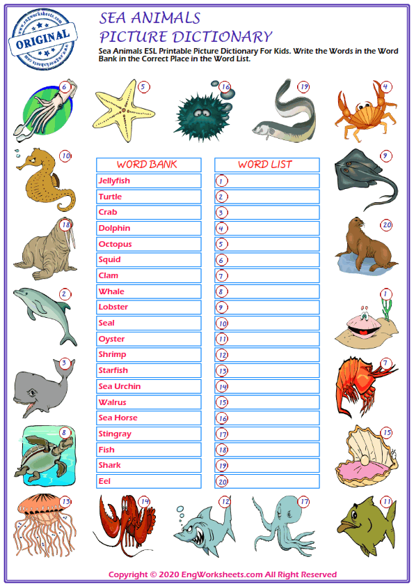 Sea Animals ESL Printable Picture Dictionary Worksheet For Kids - Image  Worksheets - EngWorksheets