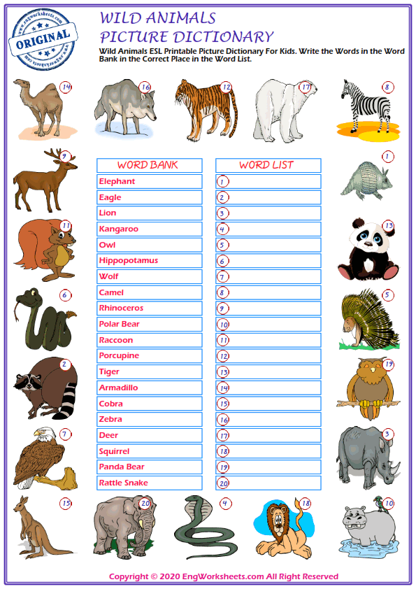 Wild Animals ESL Printable Picture Dictionary Worksheet For Kids - PDF  Worksheets - EngWorksheets