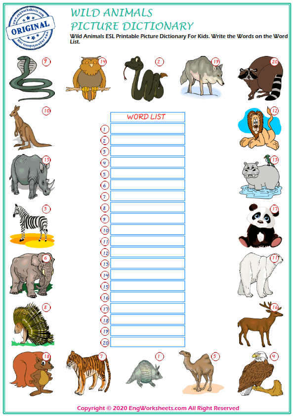 Wild Animals ESL Printable Picture Dictionary Worksheet For Kids - Image  Worksheets - EngWorksheets