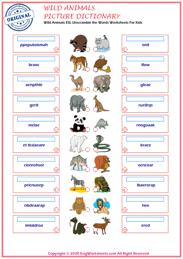 Wild Animals ESL Printable Picture Dictionary Worksheet For Kids - Image  Worksheets - EngWorksheets